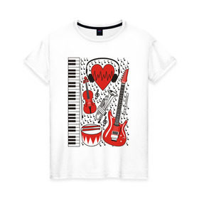 Женская футболка хлопок с принтом Музыкальное сердце , 100% хлопок | прямой крой, круглый вырез горловины, длина до линии бедер, слегка спущенное плечо | ансамбль | гитара | клавиши | музыка | музыкальные инструменты | ноты | скрипка | три цвета | труба | флейта | фортепиано