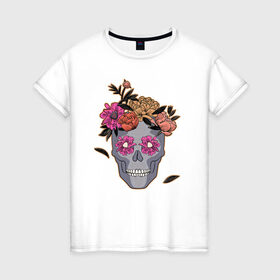 Женская футболка хлопок с принтом День мертвых Мексика , 100% хлопок | прямой крой, круглый вырез горловины, длина до линии бедер, слегка спущенное плечо | calavera | sugar skull | день мертвых | иллюстрация | калавера | мексика | мексиканская вечеринка | мехико | рисунок | цветы | череп | череп с цветами