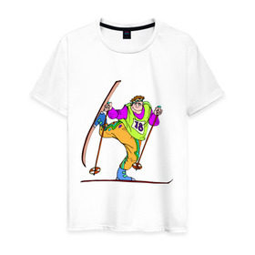 Мужская футболка хлопок с принтом Лыжник (2) , 100% хлопок | прямой крой, круглый вырез горловины, длина до линии бедер, слегка спущенное плечо. | беговые лыжи | гора | горные лыжи | для зимы | зимний спорт | лыжи | лыжник | трасса