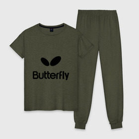 Женская пижама хлопок с принтом Butterfly , 100% хлопок | брюки и футболка прямого кроя, без карманов, на брюках мягкая резинка на поясе и по низу штанин | Тематика изображения на принте: buterfly | батерфляй | настольный теннис | ракетка | теннис | теннисный корт