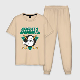 Мужская пижама хлопок с принтом Anaheim Mighty Ducks , 100% хлопок | брюки и футболка прямого кроя, без карманов, на брюках мягкая резинка на поясе и по низу штанин
 | Тематика изображения на принте: anaheim mighty ducks | майти дакс | национальная лига калифорнии | хокей | хоккей