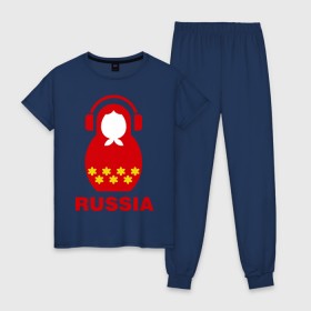 Женская пижама хлопок с принтом Russia dj , 100% хлопок | брюки и футболка прямого кроя, без карманов, на брюках мягкая резинка на поясе и по низу штанин | диджей | матрешка | наушники | россия