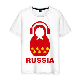 Мужская футболка хлопок с принтом Russia dj , 100% хлопок | прямой крой, круглый вырез горловины, длина до линии бедер, слегка спущенное плечо. | диджей | матрешка | наушники | россия
