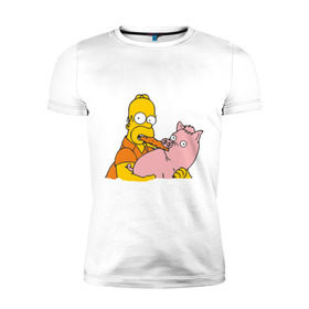 Мужская футболка премиум с принтом Гомер и свинья , 92% хлопок, 8% лайкра | приталенный силуэт, круглый вырез ворота, длина до линии бедра, короткий рукав | гомер