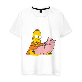 Мужская футболка хлопок с принтом Гомер и свинья , 100% хлопок | прямой крой, круглый вырез горловины, длина до линии бедер, слегка спущенное плечо. | гомер