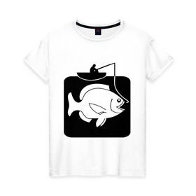 Женская футболка хлопок с принтом Рыбак и большая рыба , 100% хлопок | прямой крой, круглый вырез горловины, длина до линии бедер, слегка спущенное плечо | лодка | прикольные | рисунок | рыба | рыбак | рыбалка