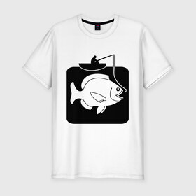 Мужская футболка премиум с принтом Рыбак и большая рыба , 92% хлопок, 8% лайкра | приталенный силуэт, круглый вырез ворота, длина до линии бедра, короткий рукав | Тематика изображения на принте: лодка | прикольные | рисунок | рыба | рыбак | рыбалка