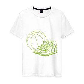 Мужская футболка хлопок с принтом Баскетбол (мяч и кеды) , 100% хлопок | прямой крой, круглый вырез горловины, длина до линии бедер, слегка спущенное плечо. | баскетбольный мяч | кеды
