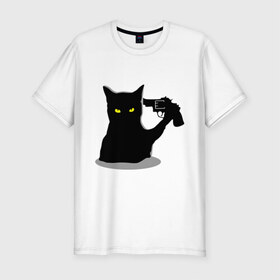 Мужская футболка премиум с принтом Black Cat Shooter , 92% хлопок, 8% лайкра | приталенный силуэт, круглый вырез ворота, длина до линии бедра, короткий рукав | кот | кошка | кошка с пистолетом | кошки | пистолет | револьвер | черная кошка