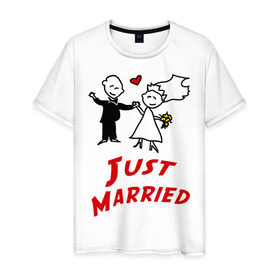 Мужская футболка хлопок с принтом Just married , 100% хлопок | прямой крой, круглый вырез горловины, длина до линии бедер, слегка спущенное плечо. | для молодоженов | молодожены | мы только что поженились | невеста | супружеская | только поженились