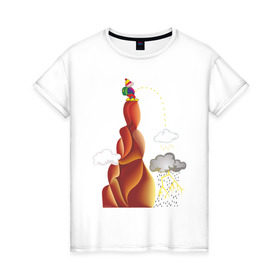 Женская футболка хлопок с принтом Турист писает , 100% хлопок | прямой крой, круглый вырез горловины, длина до линии бедер, слегка спущенное плечо | вершина | гора | дождь | писать | прикольные | турист. рисунок
