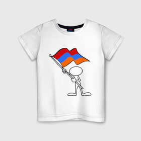 Детская футболка хлопок с принтом Армения (человек с флагом) , 100% хлопок | круглый вырез горловины, полуприлегающий силуэт, длина до линии бедер | Тематика изображения на принте: armenia | армении | армения | армяне | армянин | армянка | ереван | флаг