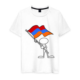 Мужская футболка хлопок с принтом Армения (человек с флагом) , 100% хлопок | прямой крой, круглый вырез горловины, длина до линии бедер, слегка спущенное плечо. | Тематика изображения на принте: armenia | армении | армения | армяне | армянин | армянка | ереван | флаг