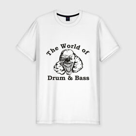 Мужская футболка премиум с принтом The World of Drum & Bass , 92% хлопок, 8% лайкра | приталенный силуэт, круглый вырез ворота, длина до линии бедра, короткий рукав | Тематика изображения на принте: dnb | бас | драм | клоун | мир драм и бас
