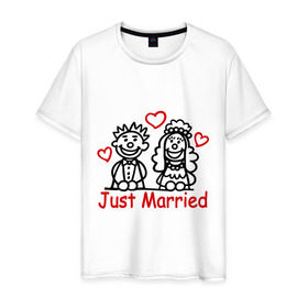 Мужская футболка хлопок с принтом Just married (Молодожены) , 100% хлопок | прямой крой, круглый вырез горловины, длина до линии бедер, слегка спущенное плечо. | just married | джаст мэрид | жених | молодоженам | молодожены | невеста | свадьба