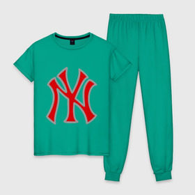 Женская пижама хлопок с принтом NY Yankees red , 100% хлопок | брюки и футболка прямого кроя, без карманов, на брюках мягкая резинка на поясе и по низу штанин | baseball | major league basebal | mlb | ny | staten island | yankees | америка | бейсбол | бита | главная лига бейсбола | нью йорк янкиз | статен айленд | сша | янки