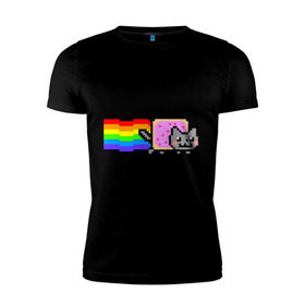 Мужская футболка премиум с принтом Nyan Cat , 92% хлопок, 8% лайкра | приталенный силуэт, круглый вырез ворота, длина до линии бедра, короткий рукав | Тематика изображения на принте: nyan cat | интернет приколы | кошка | нян кэт