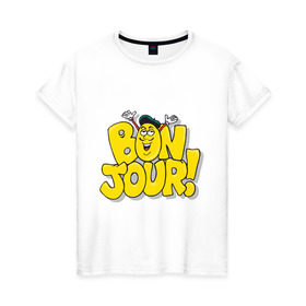 Женская футболка хлопок с принтом Bonjour - Привет! , 100% хлопок | прямой крой, круглый вырез горловины, длина до линии бедер, слегка спущенное плечо | bon jour | бон жур | смайл | француз