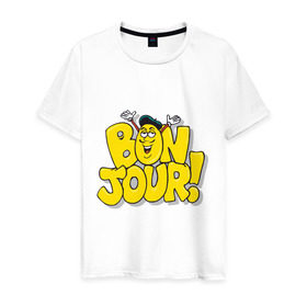 Мужская футболка хлопок с принтом Bonjour - Привет! , 100% хлопок | прямой крой, круглый вырез горловины, длина до линии бедер, слегка спущенное плечо. | bon jour | бон жур | смайл | француз