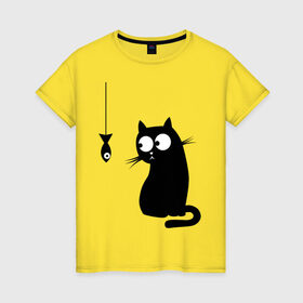 Женская футболка хлопок с принтом Кот и рыба , 100% хлопок | прямой крой, круглый вырез горловины, длина до линии бедер, слегка спущенное плечо | Тематика изображения на принте: киса | киска | котенок | котик | котэ | кошка | рыбка