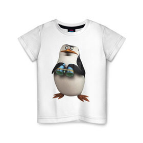 Детская футболка хлопок с принтом Пингвин с биноклем , 100% хлопок | круглый вырез горловины, полуприлегающий силуэт, длина до линии бедер | пингвин