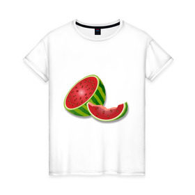 Женская футболка хлопок с принтом арбузик , 100% хлопок | прямой крой, круглый вырез горловины, длина до линии бедер, слегка спущенное плечо | арбуз | арбузная долька | вкусное | девушкам | фрукты | фрукты и ягоды