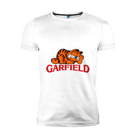 Мужская футболка премиум с принтом Гарфилд (Garfield) , 92% хлопок, 8% лайкра | приталенный силуэт, круглый вырез ворота, длина до линии бедра, короткий рукав | Тематика изображения на принте: garfild | кот | котяра | мультик | мультфильм
