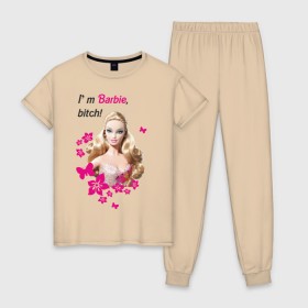 Женская пижама хлопок с принтом I\m Barbie, bitch , 100% хлопок | брюки и футболка прямого кроя, без карманов, на брюках мягкая резинка на поясе и по низу штанин | 90 | 90 е | barbie | барби | кукла | ностальгия
