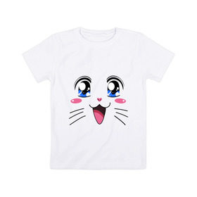 Детская футболка хлопок с принтом Японская кошечка , 100% хлопок | круглый вырез горловины, полуприлегающий силуэт, длина до линии бедер | Тематика изображения на принте: аниме | глаза | глазки | девушкам | киса | кот | коте | котенок | кошечка | кошка | милые создания | мордочка | японская кошечка