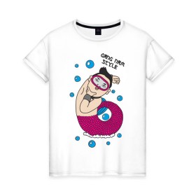 Женская футболка хлопок с принтом Gang nam fish , 100% хлопок | прямой крой, круглый вырез горловины, длина до линии бедер, слегка спущенное плечо | Тематика изображения на принте: 