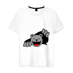 Мужская футболка хлопок с принтом Медведь вылезает из футболки , 100% хлопок | прямой крой, круглый вырез горловины, длина до линии бедер, слегка спущенное плечо. | медведь | прикольные картинки