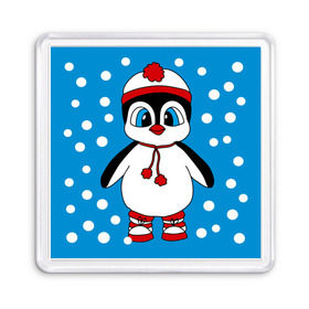 Магнит 55*55 с принтом Пингвиненок в снегу , Пластик | Размер: 65*65 мм; Размер печати: 55*55 мм | пингвин