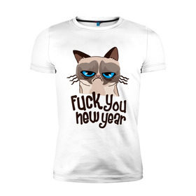 Мужская футболка премиум с принтом Cat fuck you new year , 92% хлопок, 8% лайкра | приталенный силуэт, круглый вырез ворота, длина до линии бедра, короткий рукав | cat | год змеи | интернет приколы | кошка | новый год | новый год 2013 | приколы