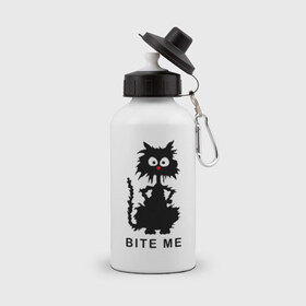 Бутылка спортивная с принтом Bite me (черный кот) , металл | емкость — 500 мл, в комплекте две пластиковые крышки и карабин для крепления | киса | котенок
