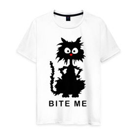 Мужская футболка хлопок с принтом Bite me (черный кот) , 100% хлопок | прямой крой, круглый вырез горловины, длина до линии бедер, слегка спущенное плечо. | Тематика изображения на принте: киса | котенок