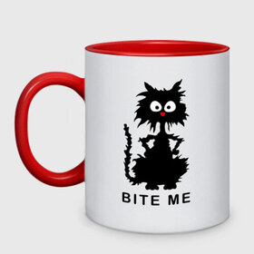 Кружка двухцветная с принтом Bite me (черный кот) , керамика | объем — 330 мл, диаметр — 80 мм. Цветная ручка и кайма сверху, в некоторых цветах — вся внутренняя часть | Тематика изображения на принте: киса | котенок