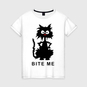 Женская футболка хлопок с принтом Bite me (черный кот) , 100% хлопок | прямой крой, круглый вырез горловины, длина до линии бедер, слегка спущенное плечо | Тематика изображения на принте: киса | котенок