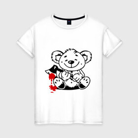 Женская футболка хлопок с принтом Мишка маньяк , 100% хлопок | прямой крой, круглый вырез горловины, длина до линии бедер, слегка спущенное плечо | животные | кровь | мишка | плюшевый мишка | ужасы