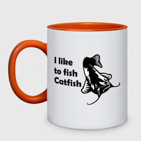 Кружка двухцветная с принтом I like to fish Catfish , керамика | объем — 330 мл, диаметр — 80 мм. Цветная ручка и кайма сверху, в некоторых цветах — вся внутренняя часть | 
