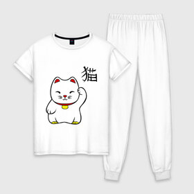 Женская пижама хлопок с принтом Манэки-нэко (Maneki-Neko) , 100% хлопок | брюки и футболка прямого кроя, без карманов, на брюках мягкая резинка на поясе и по низу штанин | кошки | няш | символ счастья | японские кошки