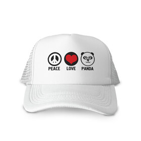 Кепка тракер с сеткой с принтом Peace, love, panda (мир любовь панда) , трикотажное полотно; задняя часть — сетка | длинный козырек, универсальный размер, пластиковая застежка | love | panda | peace | любовь | мир