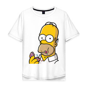 Мужская футболка хлопок Oversize с принтом Гомер с Пончиком , 100% хлопок | свободный крой, круглый ворот, “спинка” длиннее передней части | homer simpsons | simpsons | гомер симпсон | для влюбленных | для двоих | для пар | парные | симпсоны