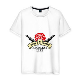 Мужская футболка хлопок с принтом GNR reckless life , 100% хлопок | прямой крой, круглый вырез горловины, длина до линии бедер, слегка спущенное плечо. | guns and roses | guns n roses | rock | ганс н роуз | музыка | рок