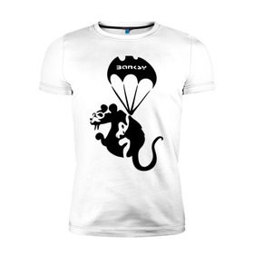 Мужская футболка премиум с принтом Rat with parachute (Banksy) , 92% хлопок, 8% лайкра | приталенный силуэт, круглый вырез ворота, длина до линии бедра, короткий рукав | бэнкси | граффити | грызун | животные | хомяк с парашютом