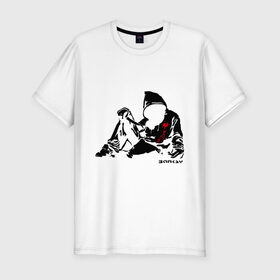 Мужская футболка премиум с принтом Раненый парень (Banksy) , 92% хлопок, 8% лайкра | приталенный силуэт, круглый вырез ворота, длина до линии бедра, короткий рукав | бэнкси | граффити | кровь | парень | рана | силуэт