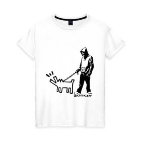 Женская футболка хлопок с принтом Парень с собакой (Banksy) , 100% хлопок | прямой крой, круглый вырез горловины, длина до линии бедер, слегка спущенное плечо | dog | бэнкси | граффити | собака