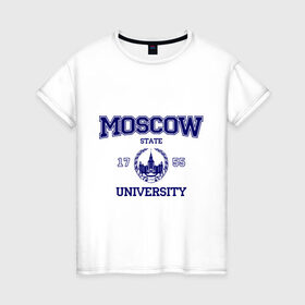 Женская футболка хлопок с принтом MGU Moscow University , 100% хлопок | прямой крой, круглый вырез горловины, длина до линии бедер, слегка спущенное плечо | Тематика изображения на принте: вуз | институт | мгу | студенческие | университет