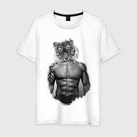 Мужская футболка хлопок с принтом Tiger power , 100% хлопок | прямой крой, круглый вырез горловины, длина до линии бедер, слегка спущенное плечо. | голова животного | тело человека | тигр с телом человека | человек с головой тигра