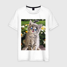 Мужская футболка хлопок с принтом Котеночек в ромашках , 100% хлопок | прямой крой, круглый вырез горловины, длина до линии бедер, слегка спущенное плечо. | домашние животные | котенок | котик | кошки
