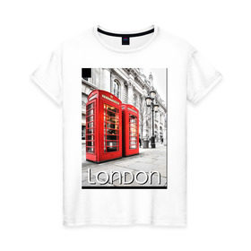 Женская футболка хлопок с принтом Телефонные будки Лондона , 100% хлопок | прямой крой, круглый вырез горловины, длина до линии бедер, слегка спущенное плечо | лондон